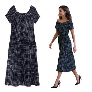 Zara Navy Blue Tweed Off Shoulder Midi Dress‎ Fringe Hem Chic XS NWT